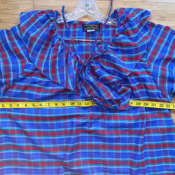 Eddie Bauer Womens L Ruffle Neck 3/4 length Nightgown Red Blue PLAID 90s USA - Picture 10 of 14